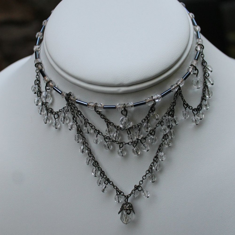 Vintage Crystal Beaded Memory Wire Bib Choker Necklace